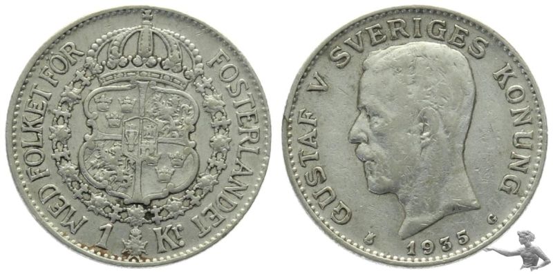 Schweden 1 Krona 1935 Gustav V. in sehr schöner Qualität